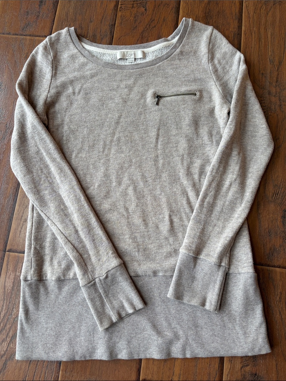 LOFT Light Taupe Crewneck Sweatshirt with Chest Zip